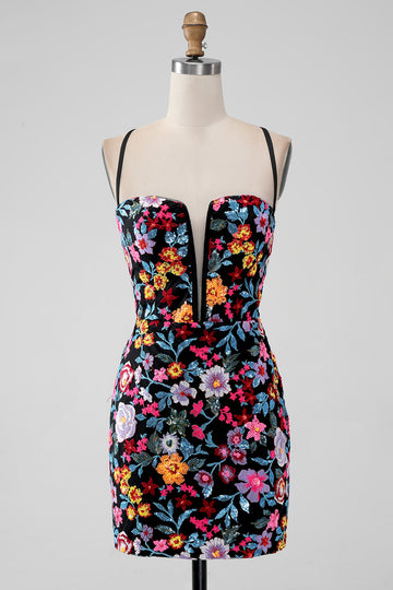 Vestido corto de regreso a casa con cuello en V con cuello en V negro